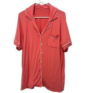 Womens L Pink White Polka Dot Pajama Set With Drawstring Shorts & Button-Up Top